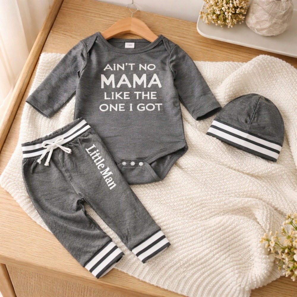 9-12M Baby Boy 3pc Set Gray Bodysuit Joggers Beanie Aint No Mama‎ Little Man